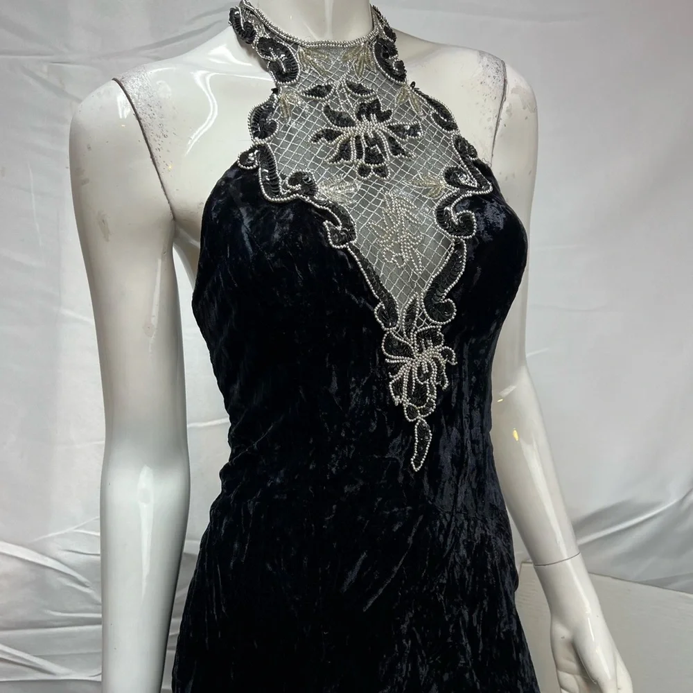 Zum Zum Vintage Black Velvet 90s Sequins Silver Beaded Halter Long 5-6 Dress XS - Picture 3 of 6